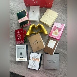 New 10 piece perfume samples Gold heart sculpture Jo Malone Burberry YSL Coach